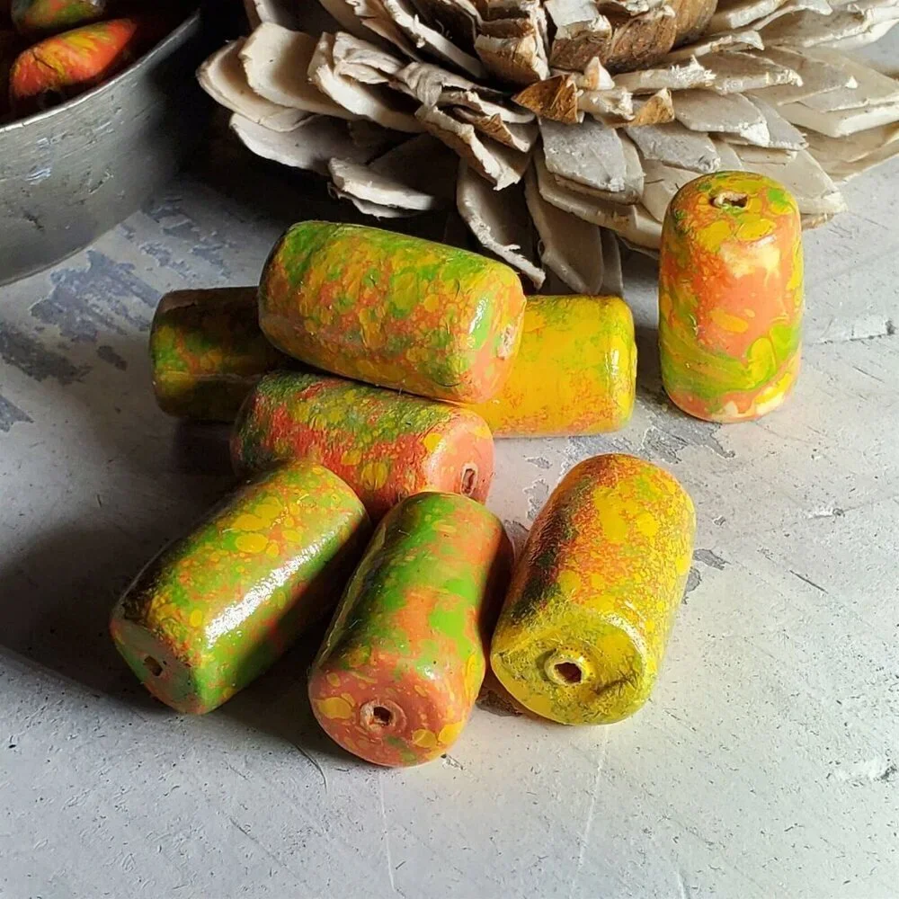 Vintage Japanese Mottled Decoupage Beads Coral Pink Cream Green 22mm Tube 4pcs